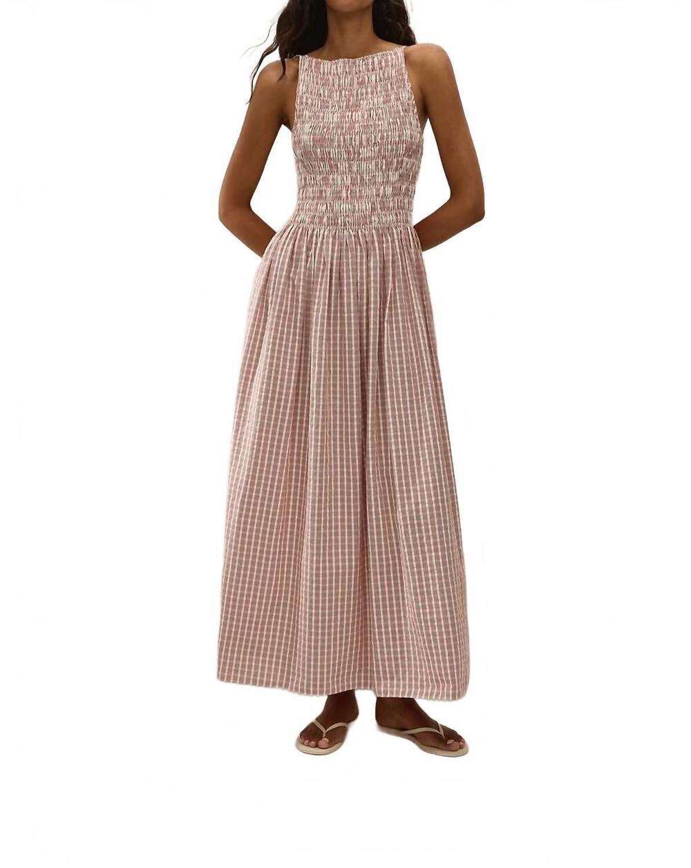 NEW FAITHFULL THE BRAND laia midi dress in paloma check cinnamon white